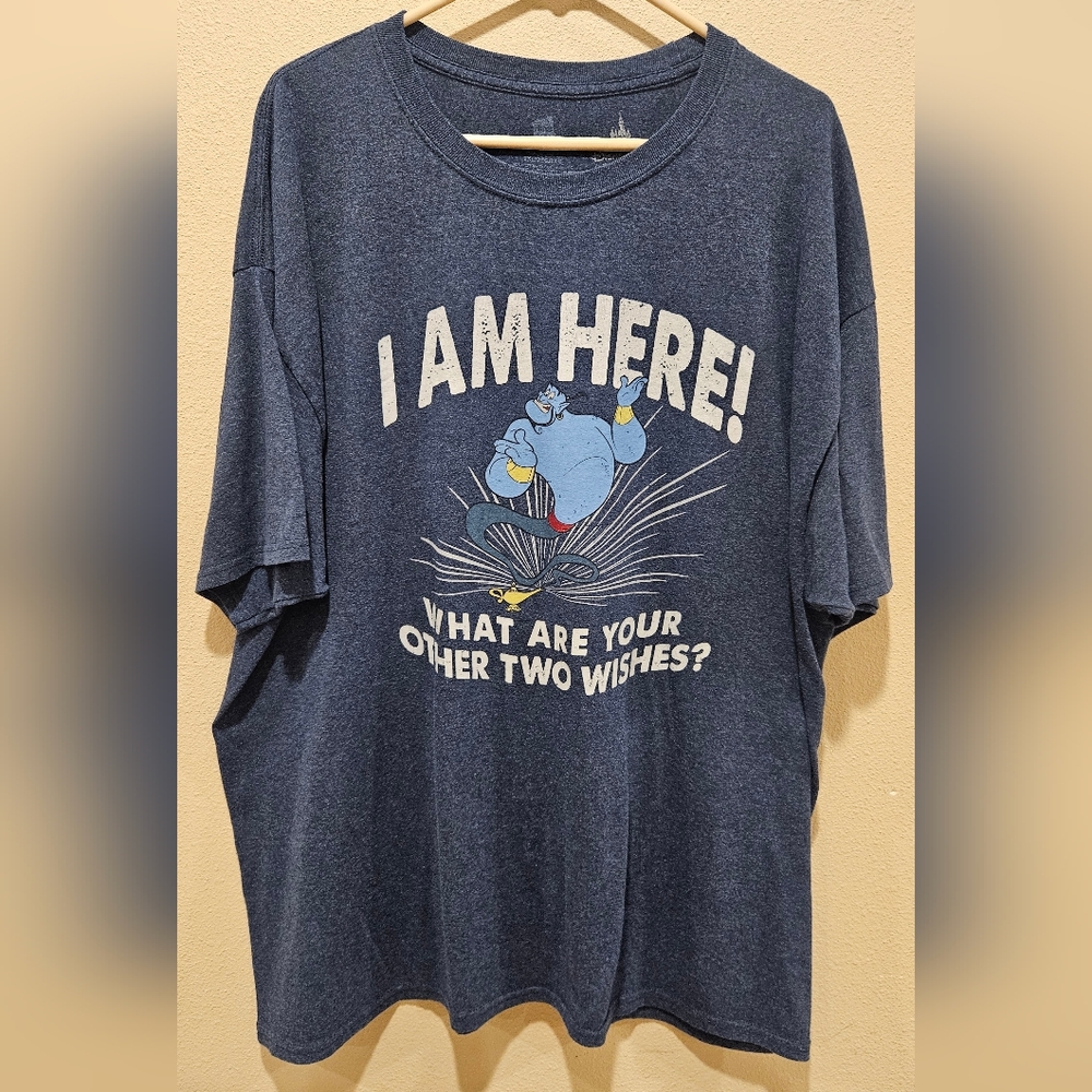 Disney Parks Men's Blue Distressed Graphic T-Shirt with Genie Print, Size XXL 2X
